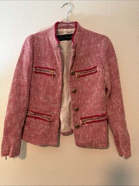 Zara Pink Tweed Collarless Blazer with Gold-Tone Buttons